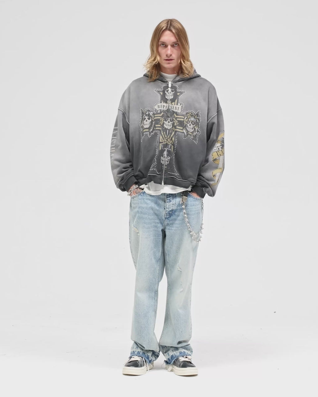 Represent X Guns N' Roses Cross Zip Through Hoodie - "Stained Black"